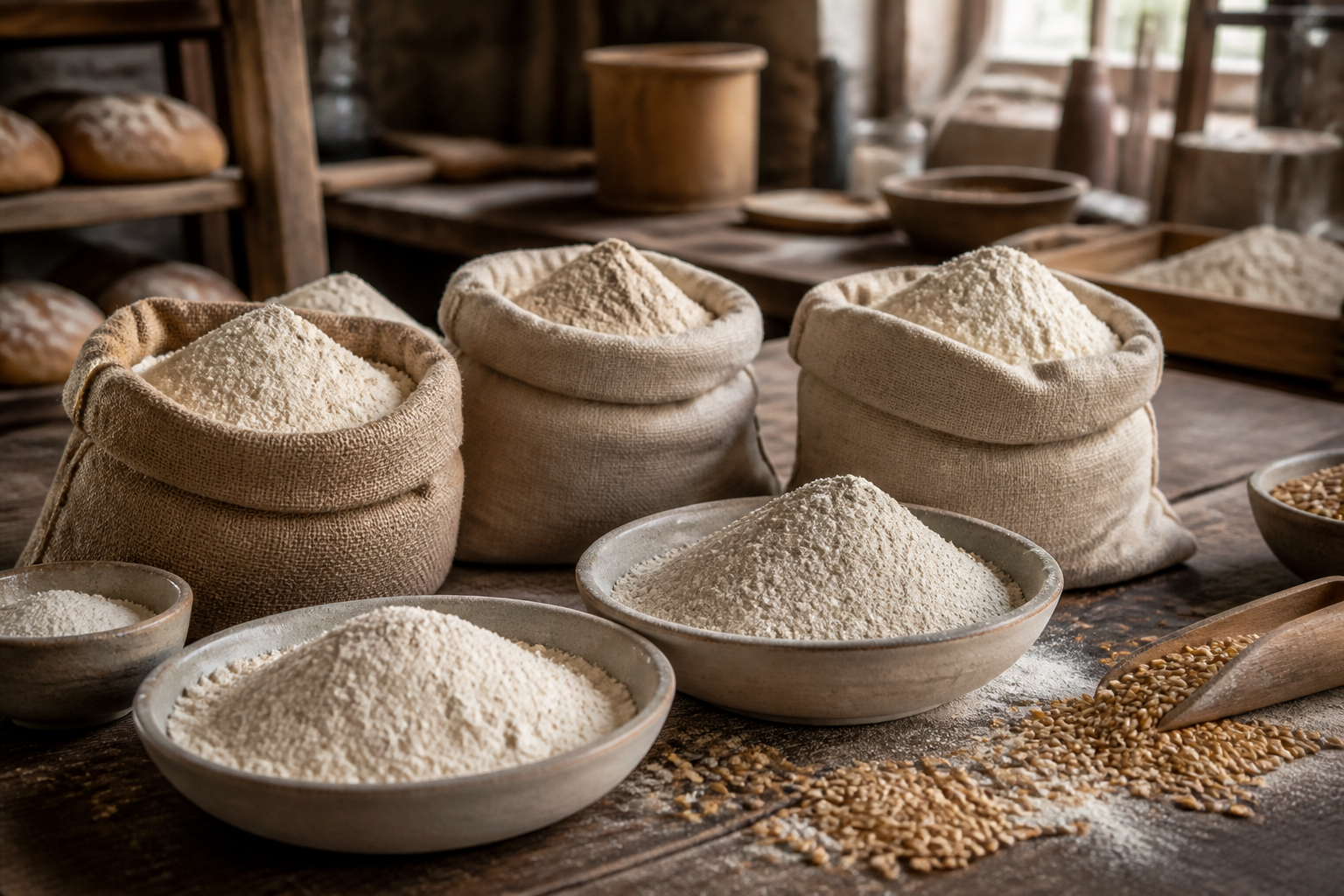 Regional flour in linen sacks on a wooden bakery table