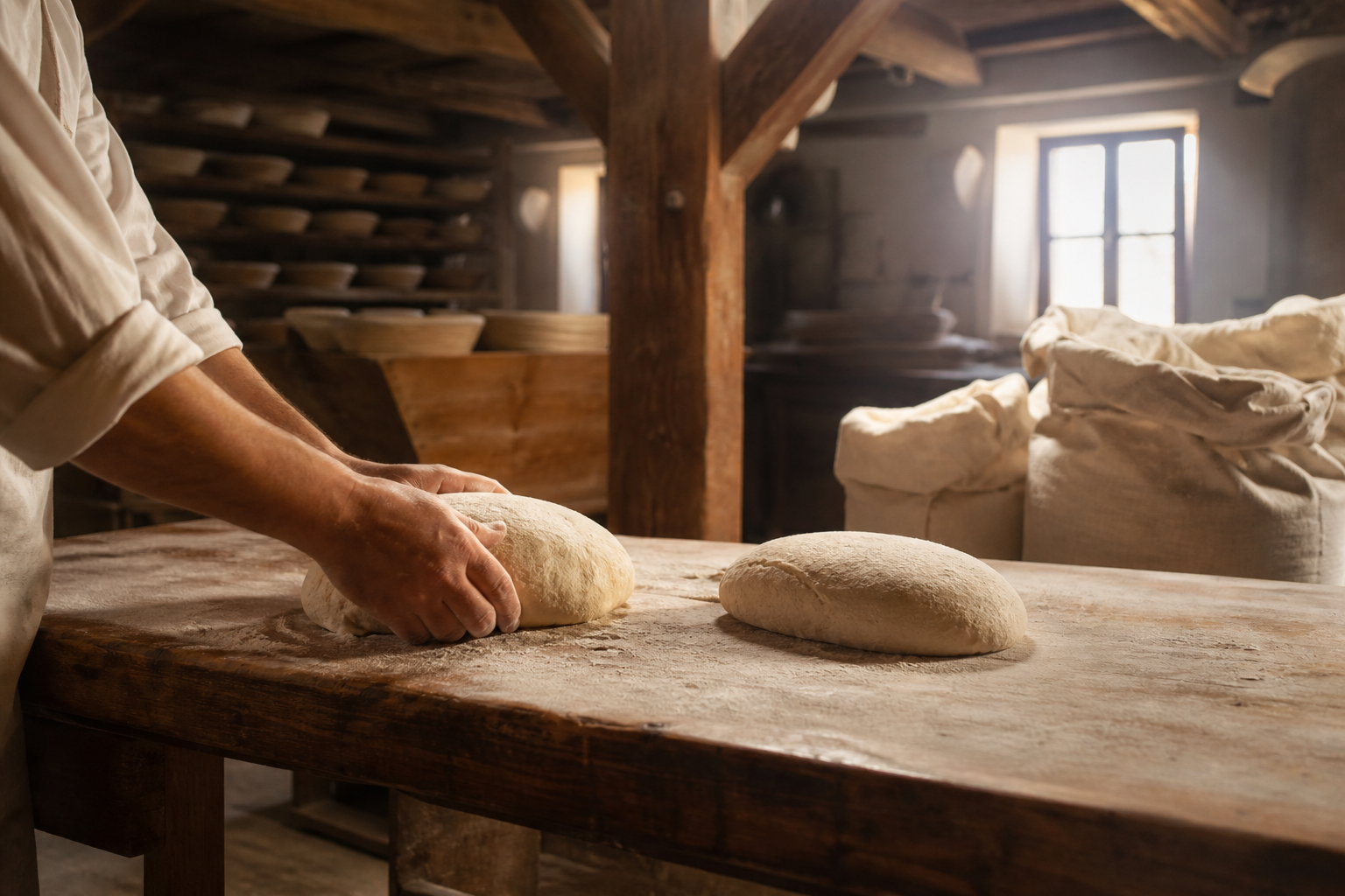 Hands shaping dough on a wooden table at dawn