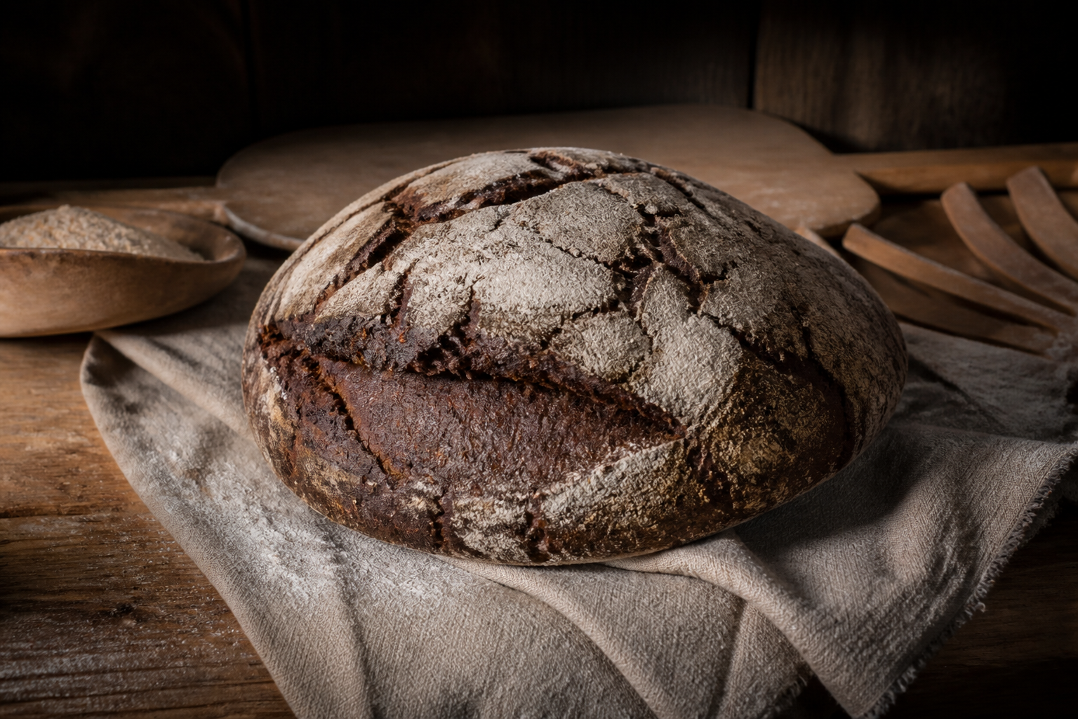 Dark rye loaf with cracked crust