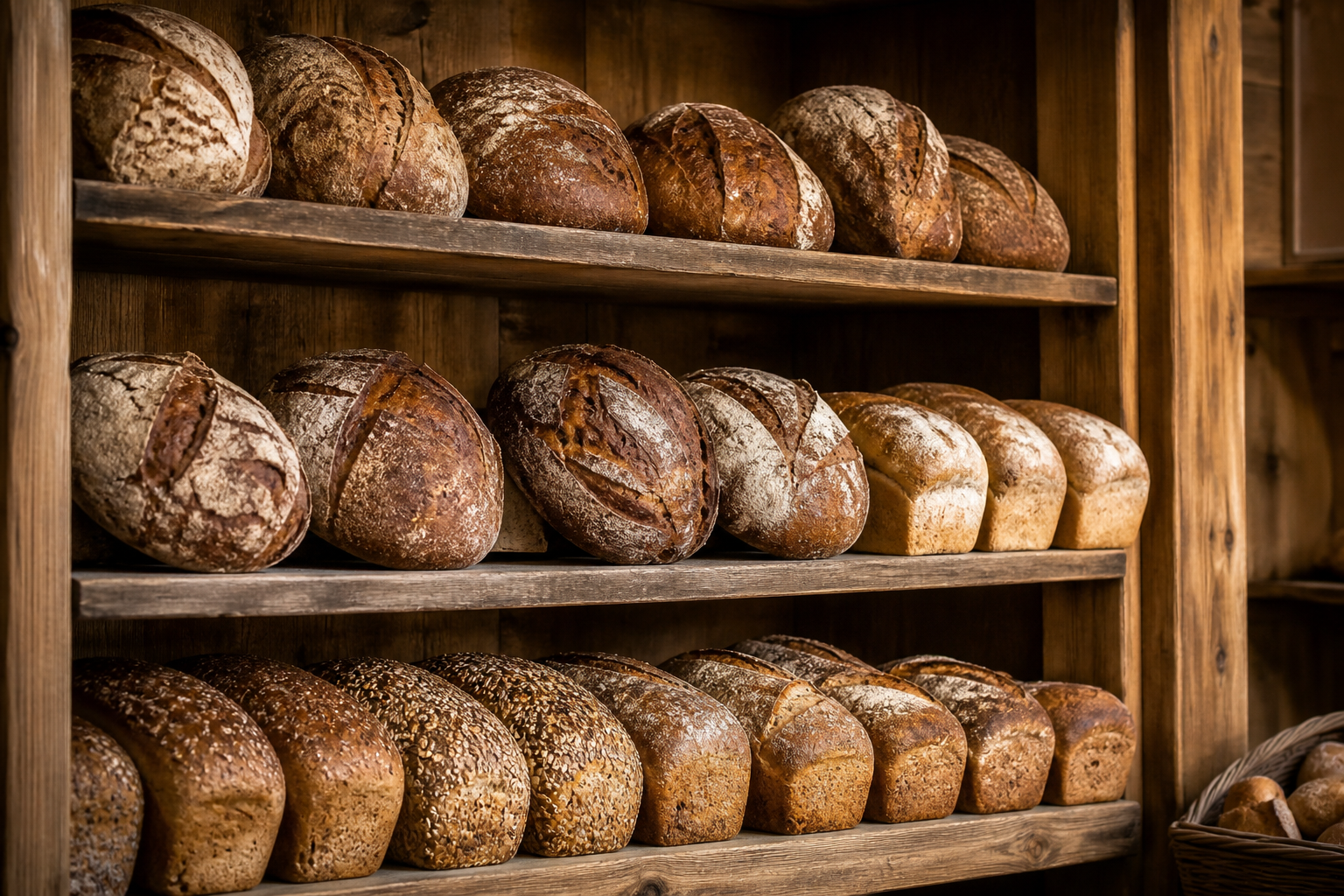 Loaves lined on wooden bakery shelves