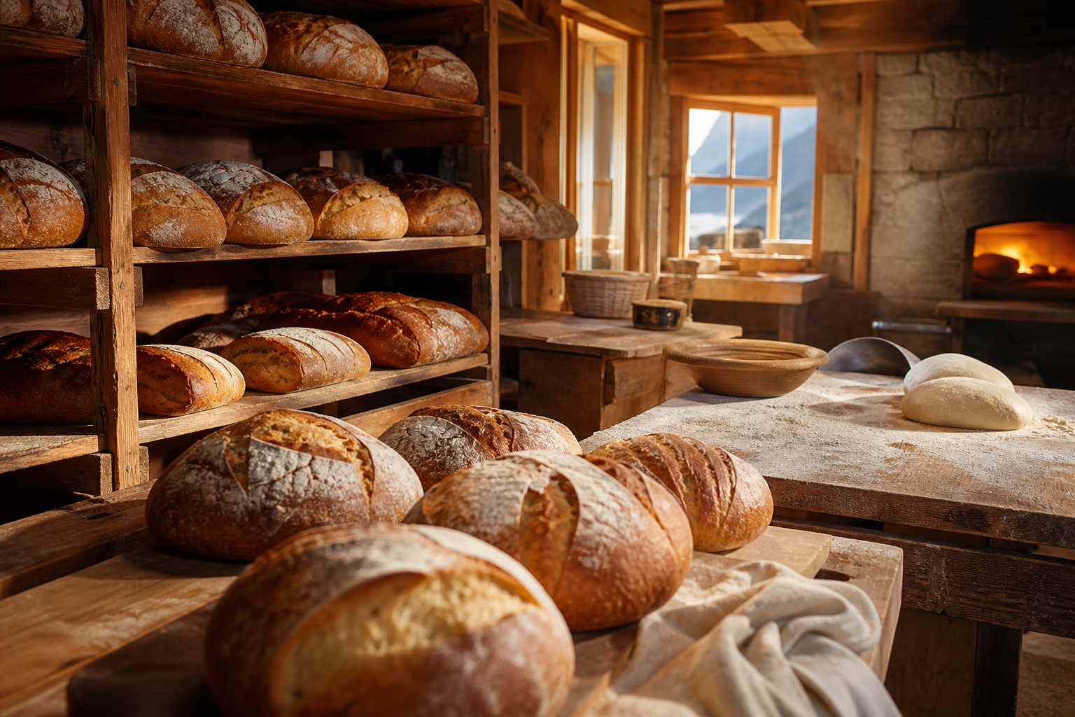 Timber bakery shelves stacked with fresh loaves at dawn