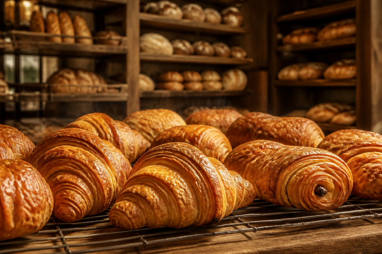 Butter croissants on a cooling rack