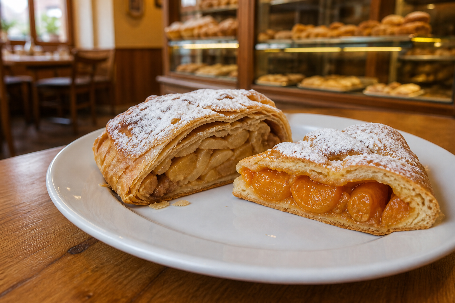 Apple strudel and apricot pastry