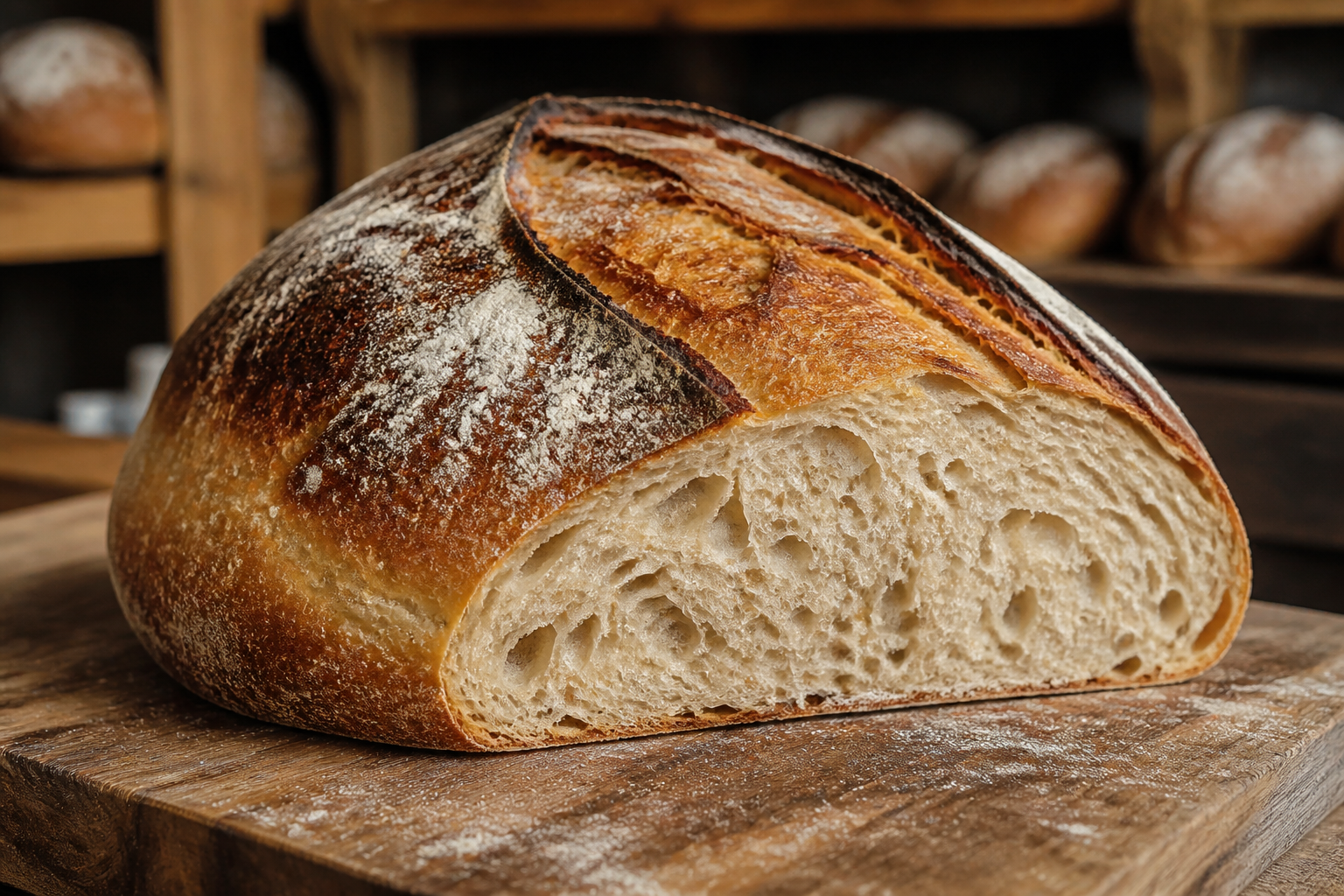 Rustic sourdough loaf with deep caramel crust